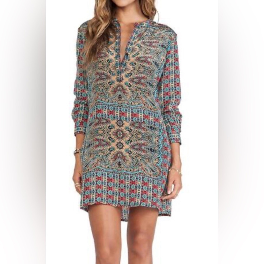 Tolani Lorraine Silk Long Sleeve Blue and Red Patterned Midi Dress Size Medium